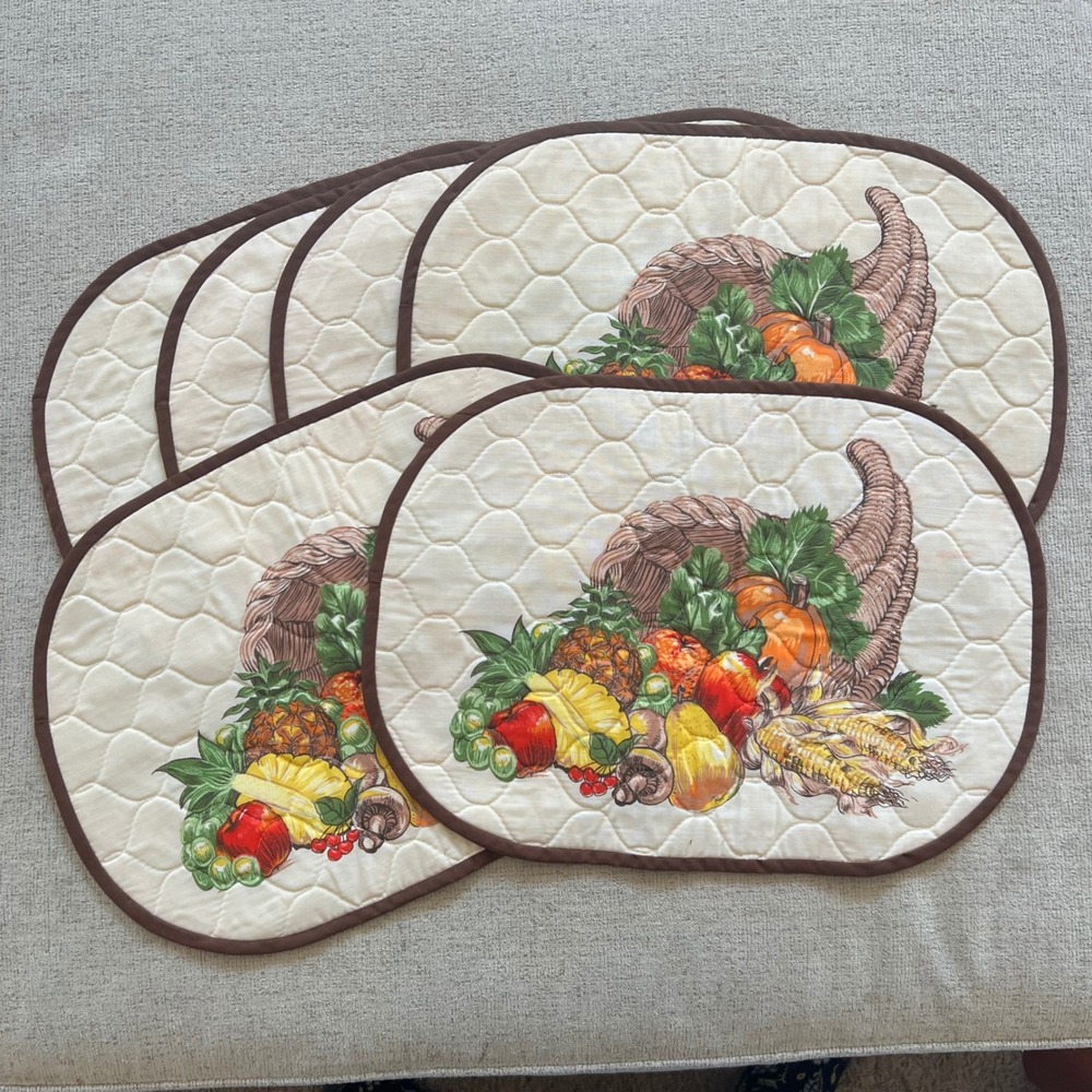 Vintage Quilted Thanksgiving Cornucopia Placemats Set of 6 Harvest Fall Oval - Picture 1 of 5